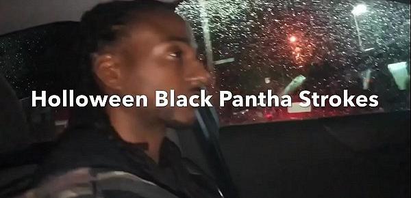  Black Panther Strokes Huge Cock in Her Halloween Pumpkin!